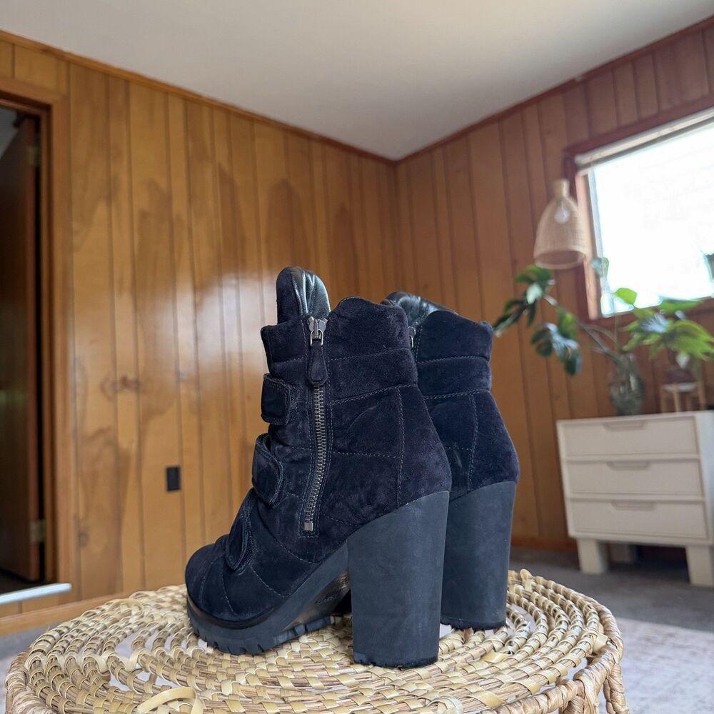 Vintage Prada Moto Boots Black Suede Buckle Strap Lug Sole Women Eu 40.5 - Picture 3 of 16